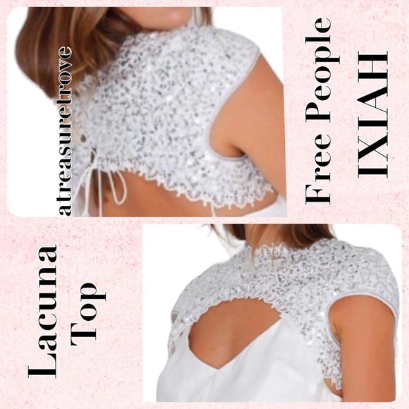 IXIAH x Free People Lacuna Sequin 4 | Sm Silver White Lace Overpiece Tie Top - Picture 2 of 11